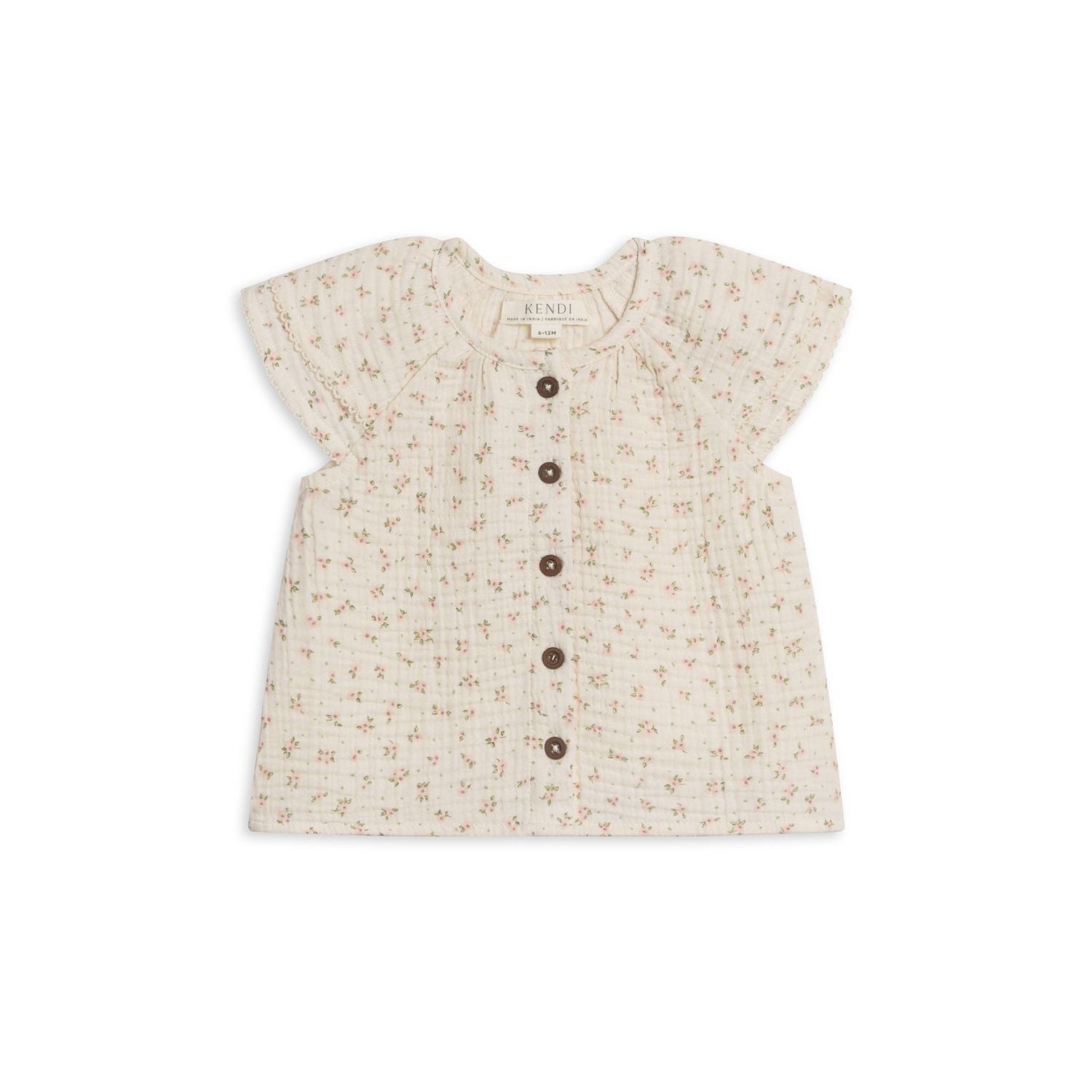 Colored Organics Nelly Muslin Ruffle Sleeve Top - Camellia Floral / Shell + Fern