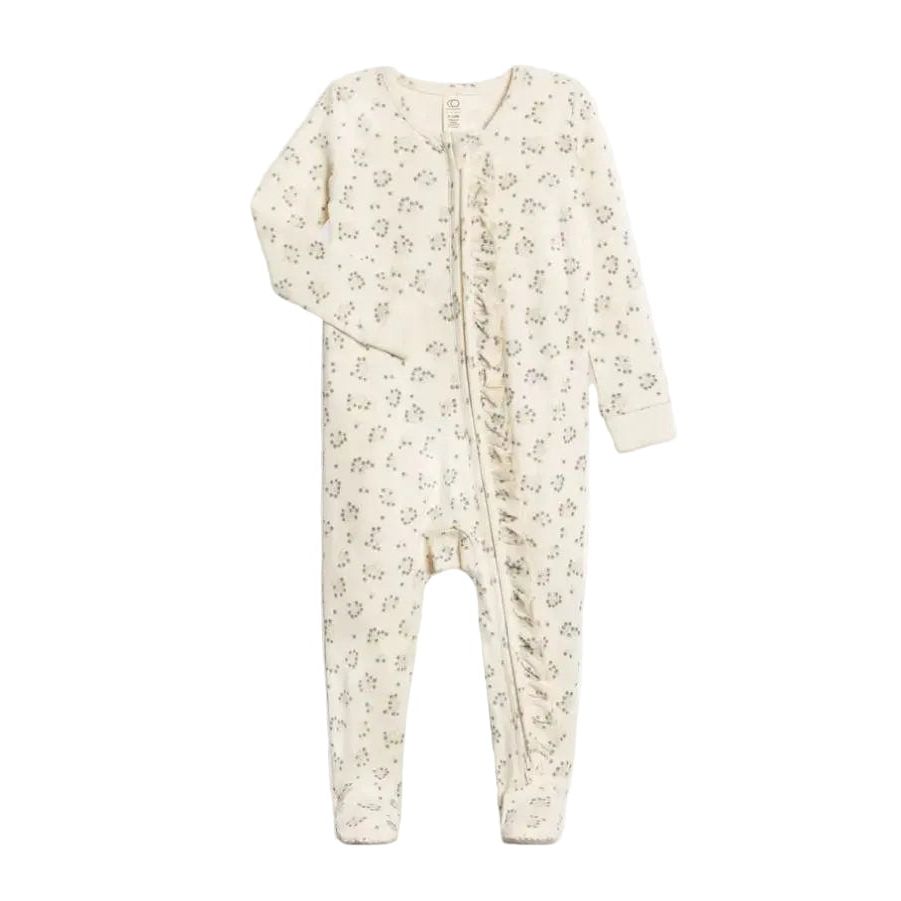 Colored Organics Neve Ruffle Zipper Footie - Hayden / Denim + Mist