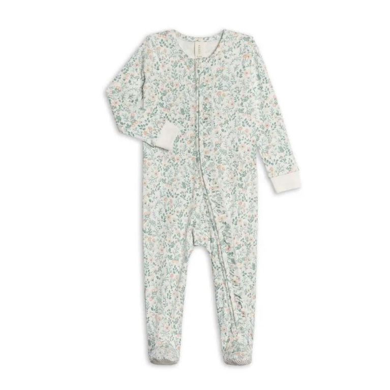 Colored Organics Neve Ruffle Zipper Footed Romper - Merion Floral / Laguna + Shell