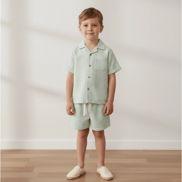 Makemake Organics Shirt & Short Set- Basil Stripe