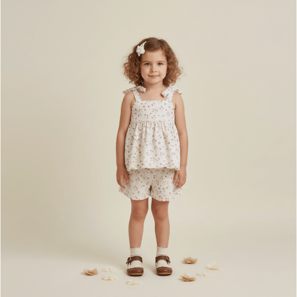 Makemake Organics Tie Up Top & Shorts Set- Pink Bloom
