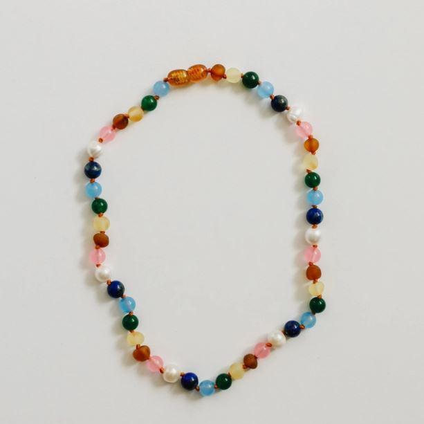 Canyonleaf Kids Raw Baltic Amber and Pearl Necklace + Sweet Pink Gemstones